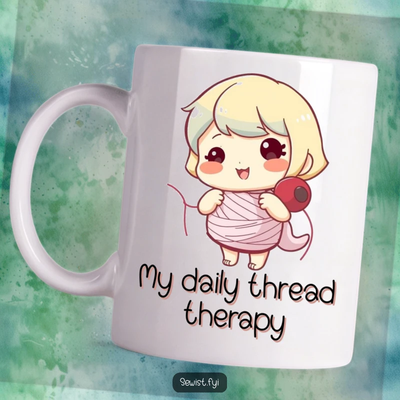 Funny mug showing a happy character expertly winding a thread bobbin, full of sewing joy and enthusiasm.