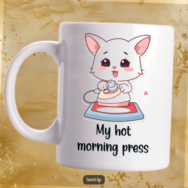 Funny mug featuring a happy character enthusiastically ironing a flat creation, showcasing a love for neatness.