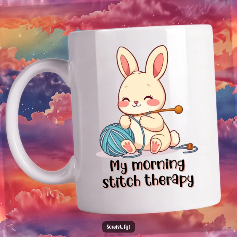 Funny Mug showing a cute bunny character with a big smile, expertly threading a large needle with colorful yarn, ready for crafting.