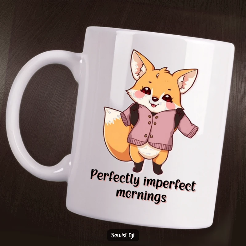 Funny fox dressmaker mug, a playful creature proudly holding a crooked garment, celebrating imperfect sewing and crafting with humor for a gift.