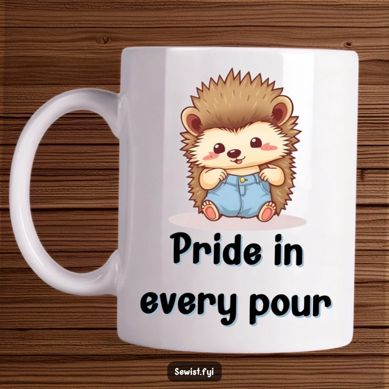 Funny Hedgehog Mug: A proud hedgehog admiring a neat seam, a humorous and delightful gift for meticulous crafters.