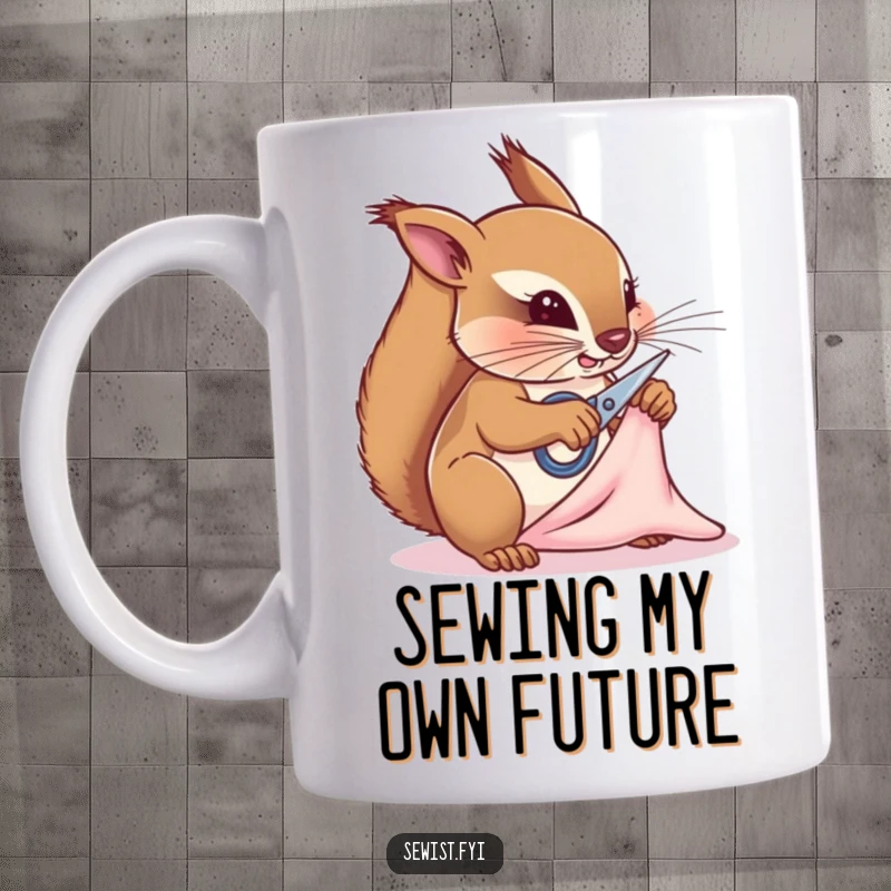 Funny squirrel tailor mug, determinedly snipping fabric with tiny sharp scissors, celebrating sewing and crafting with a humorous touch for a gift.