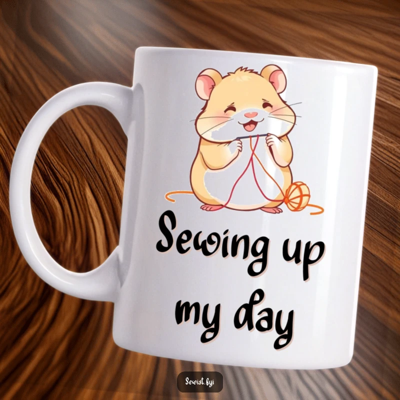 Funny Mug: A smiling hamster intently threads a needle with vibrant string, showcasing focus and skill perfectly.