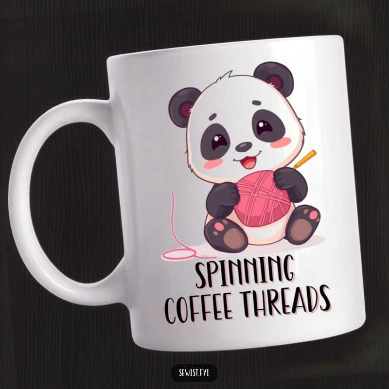 Funny Panda Mug: A playful panda happily spinning a bobbin of bright thread, a humorous and delightful gift for crafters.