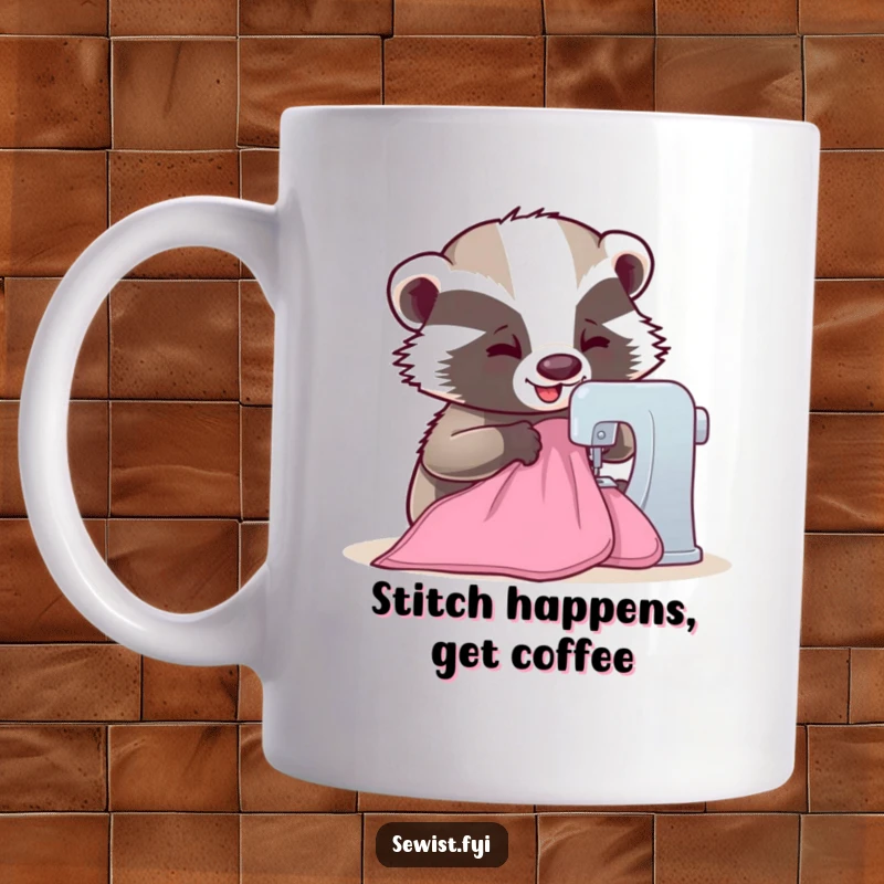 Funny Badger Mug: A happy badger expertly sewing fabric with a sewing machine, a delightful and humorous gift for crafters.