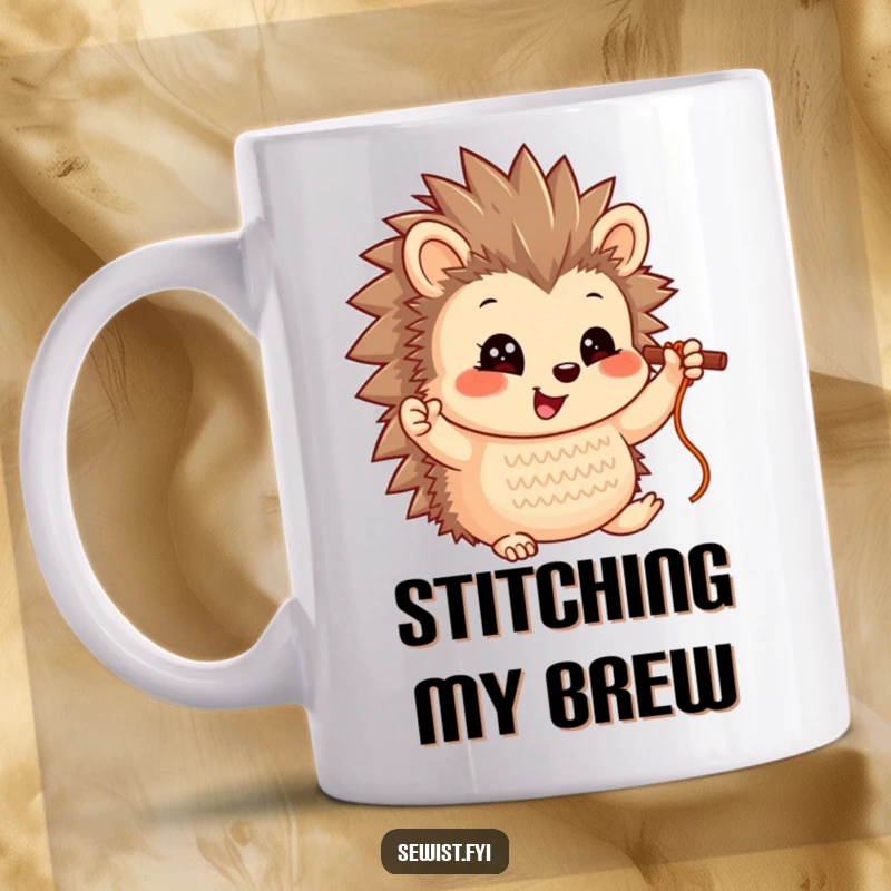 Funny Hedgehog Mug: A smiling hedgehog character proudly holding up a completed stitch, celebrating crafting success.