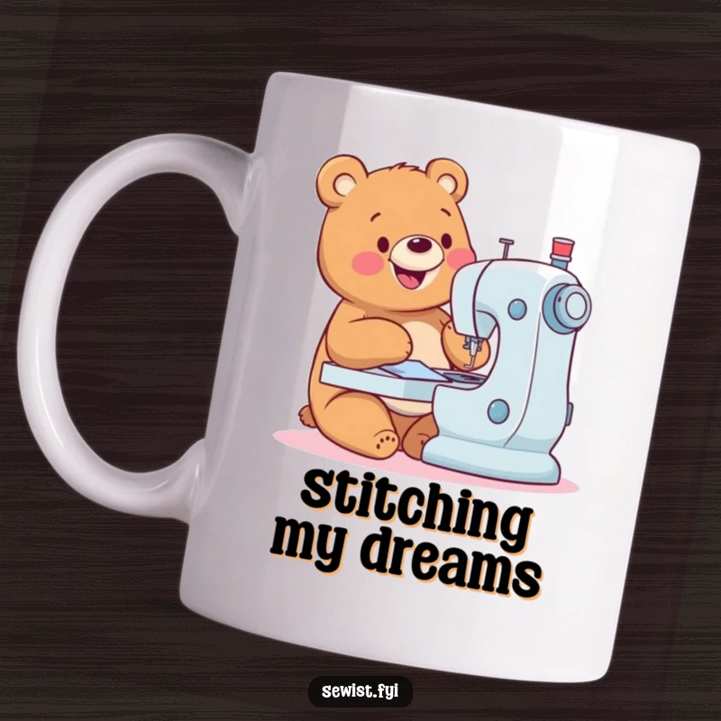 Funny Bear Mug: A happy bear skillfully operating a sewing machine with a cheerful hum, celebrating crafting, perfect gift.