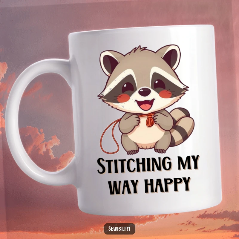 Funny Raccoon Sewing Mug: A happy raccoon enthusiastically pulls thread through fabric, beaming with crafting pride. Perfect for sewing lovers.