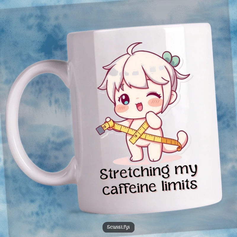 Funny mug showing a character gleefully stretching a measuring tape to its full length with a playful expression.