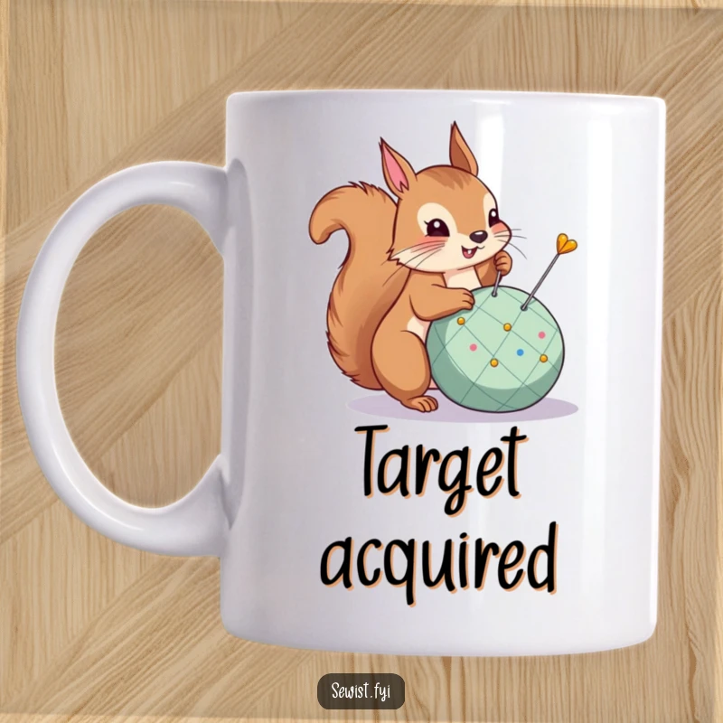Funny Mug: A proud squirrel triumphantly pins a dart into a pincushion, celebrating their aim and success.
