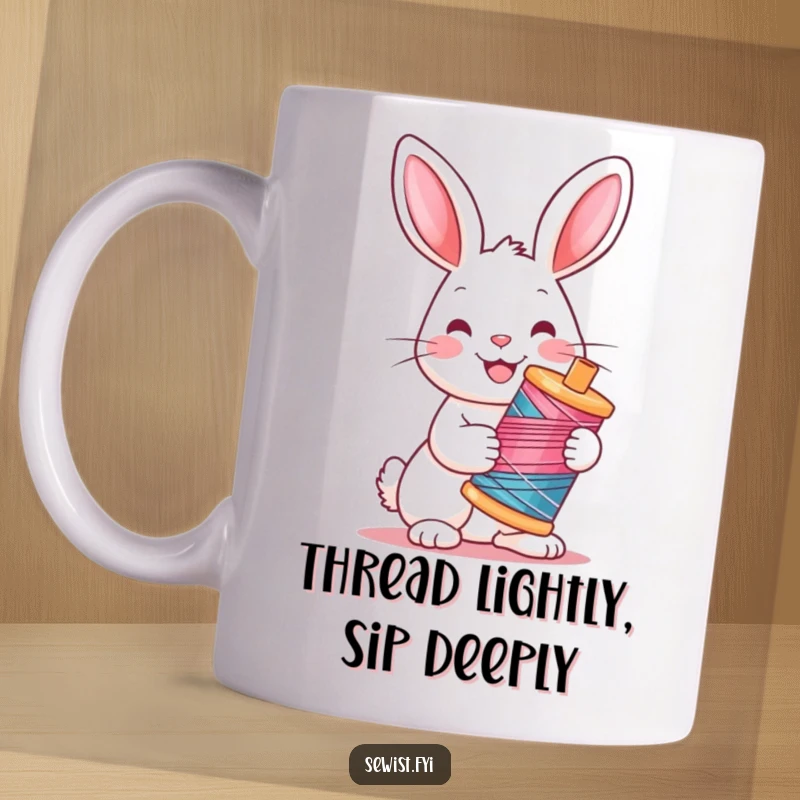 Funny Rabbit Mug: Cheerful rabbit with a happy expression holding a vibrant spool of colorful thread, embodying creativity.