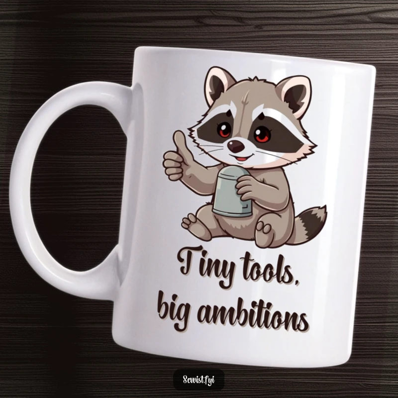 Funny raccoon giving a thumbs-up while using a tiny thimble, perfect for coffee lovers seeking a humorous mug.