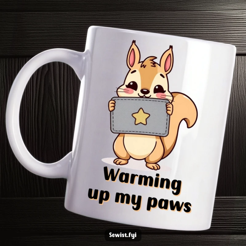 Funny mug: A cheerful squirrel proudly holds up a newly sewn patch, showcasing sewing skills and happy accomplishment.