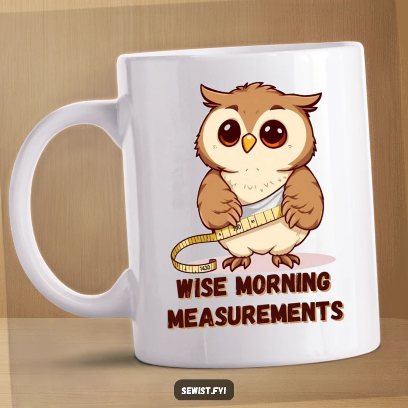 Funny curious owl meticulously measures a piece of cloth with a tape measure, showcasing crafting wisdom.