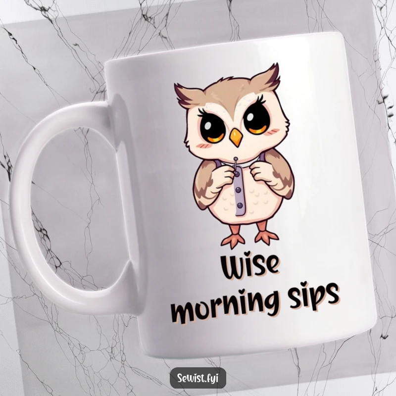 Funny mug: A contented owl calmly adjusts a dress form with a needle, embodying focus and skillful tailoring.