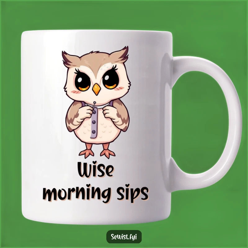 Funny Owl Sewing Mug: Wise Critter Adjusts Dress Form, Tailor Gift