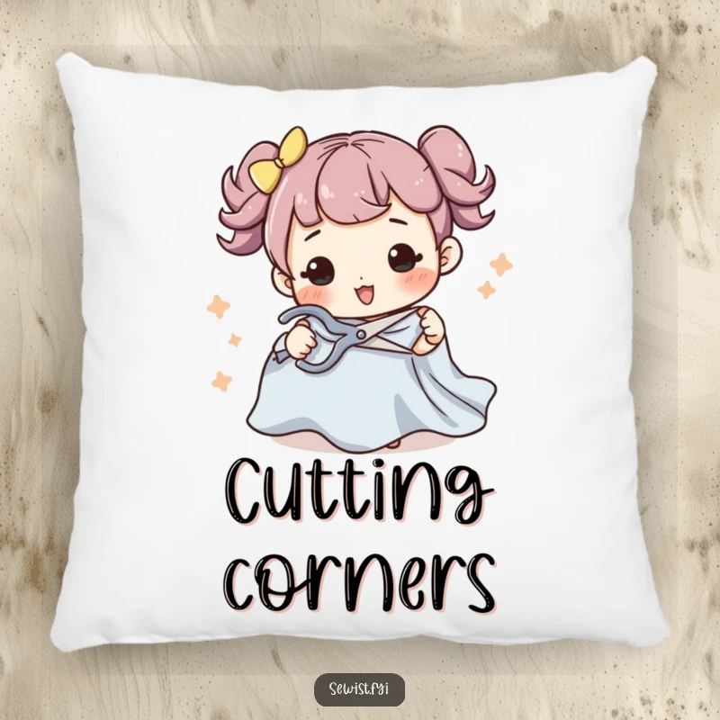 Funny decorative pillow with a character skillfully cutting fabric with scissors in a flourish, adding humor and sewing flair to home decor.