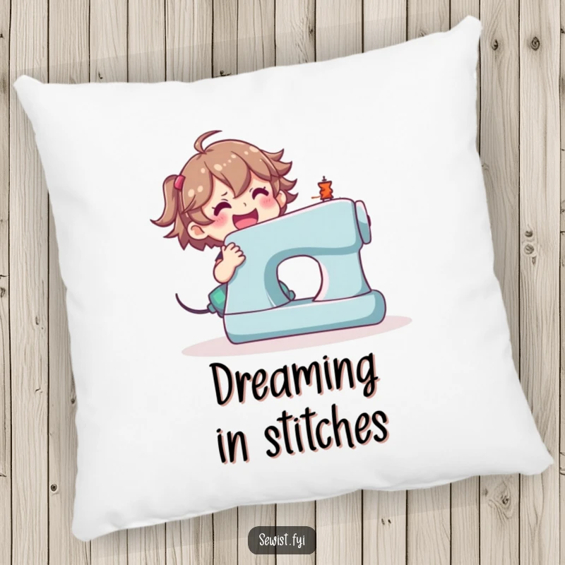 Funny sewing machine pillow, happy character operating a sewing machine with great excitement.