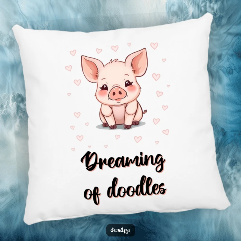 Funny Piglet Pillow with a cute piglet drawing fabric patterns using chalk, offering charming and humorous comfort.