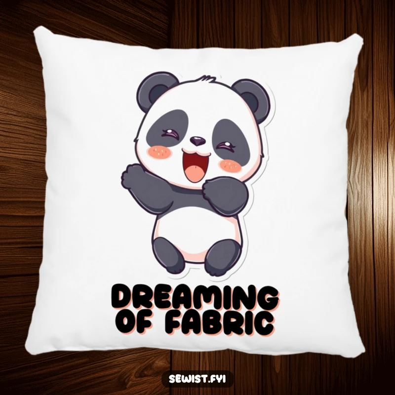 Funny Panda Pillow with a giggling panda cutting fabric with a flourish, adding humor and comfort to any room.