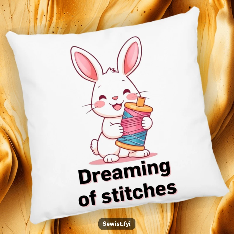 Funny Rabbit Pillow: Soft pillow showcasing a cheerful rabbit holding a vibrant spool of thread, a cozy crafting companion.