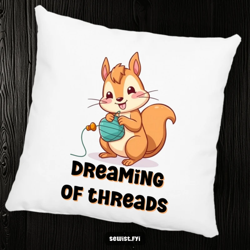 Funny Squirrel Pillow: A jolly squirrel character winding a bobbin with great speed, bringing cute charm and energy.