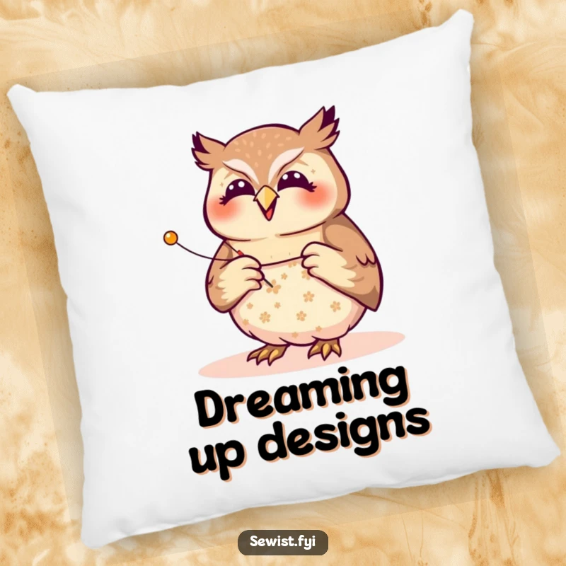 Funny owl seamstress pillow, a joyful creature pinning a fabric pattern with focused precision, providing humorous comfort and decor for crafters.