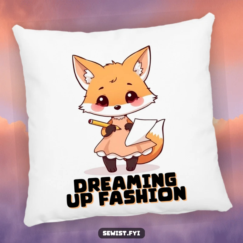 Funny fox pillow with a playful fox sketching a dress design with a pencil, adding artistic flair.