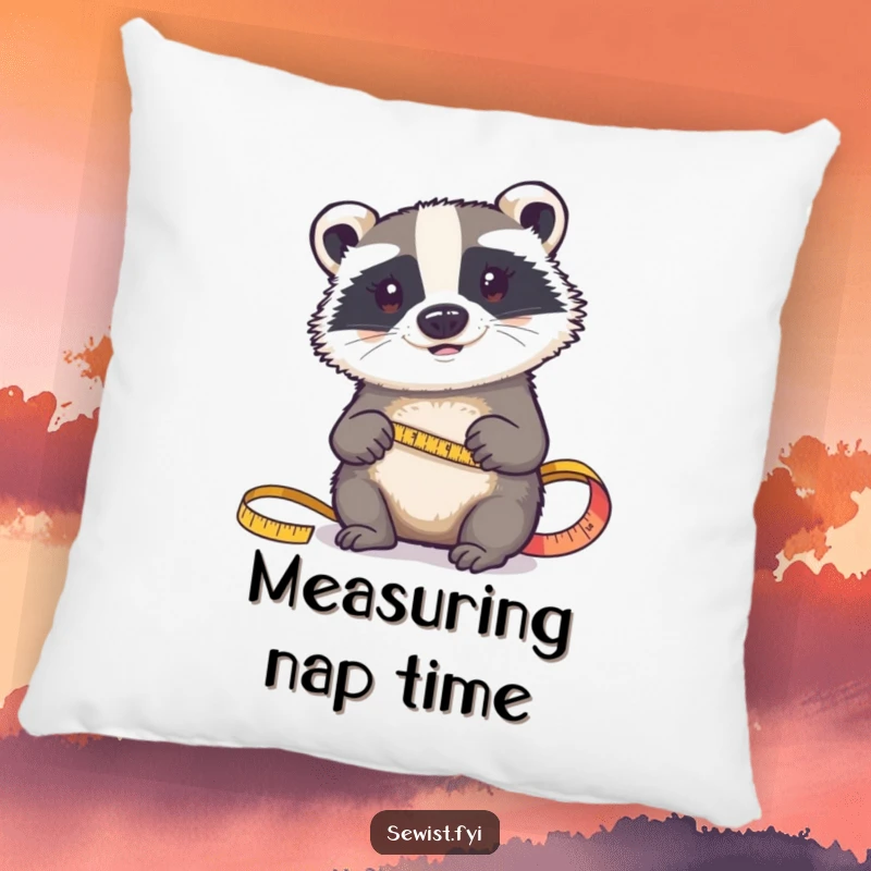 Funny pillow: A determined badger rests near fabric, tape measure in paw, adding a touch of sewing concentration.