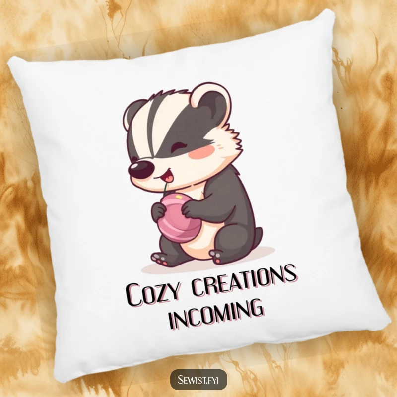 Funny Badger Pillow with a cheeky badger spinning a bobbin with a happy rhythm, adding humor and comfort to seating.