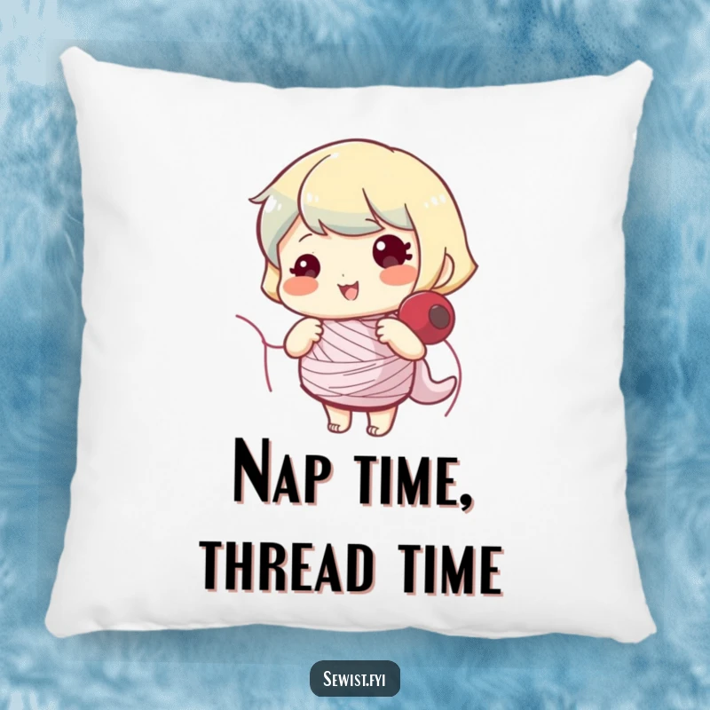Funny pillow showcasing a cheerful character focused on winding a sewing bobbin, offering comfort and humor.