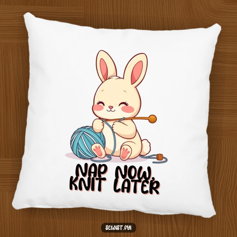 Funny Pillow showcasing a cute bunny character with a large needle and yarn, adding cozy charm to home decor.