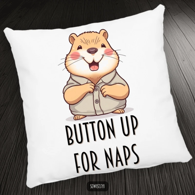 Funny Capybara Pillow: A joyful capybara sewing a button, providing soft comfort and humorous vibes, a charming gift.