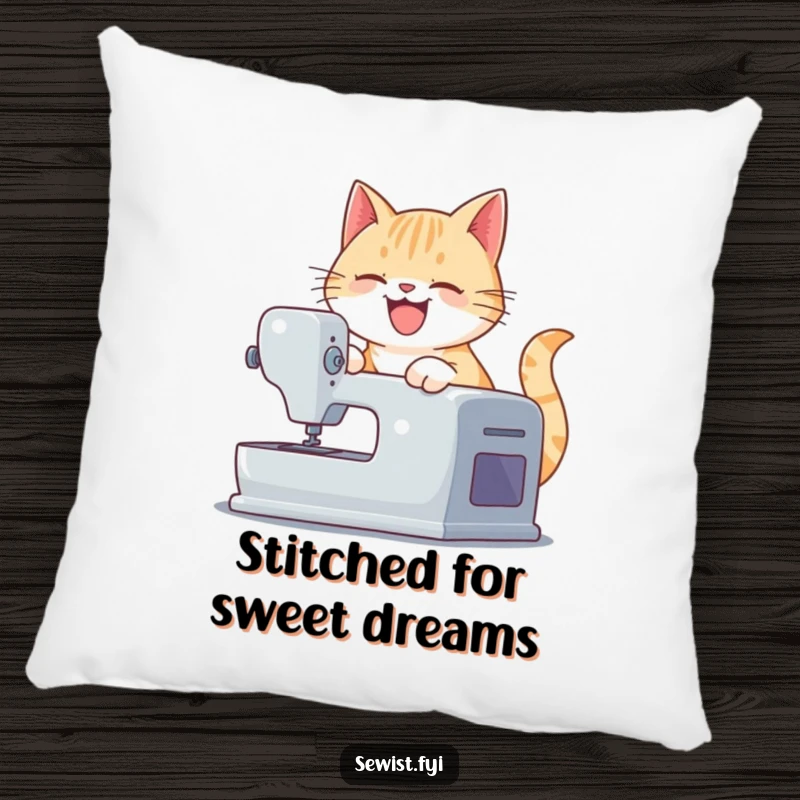 Funny pillow with a playful cat operating a sewing machine, offering comfort and humorous decor for crafters and cat enthusiasts.