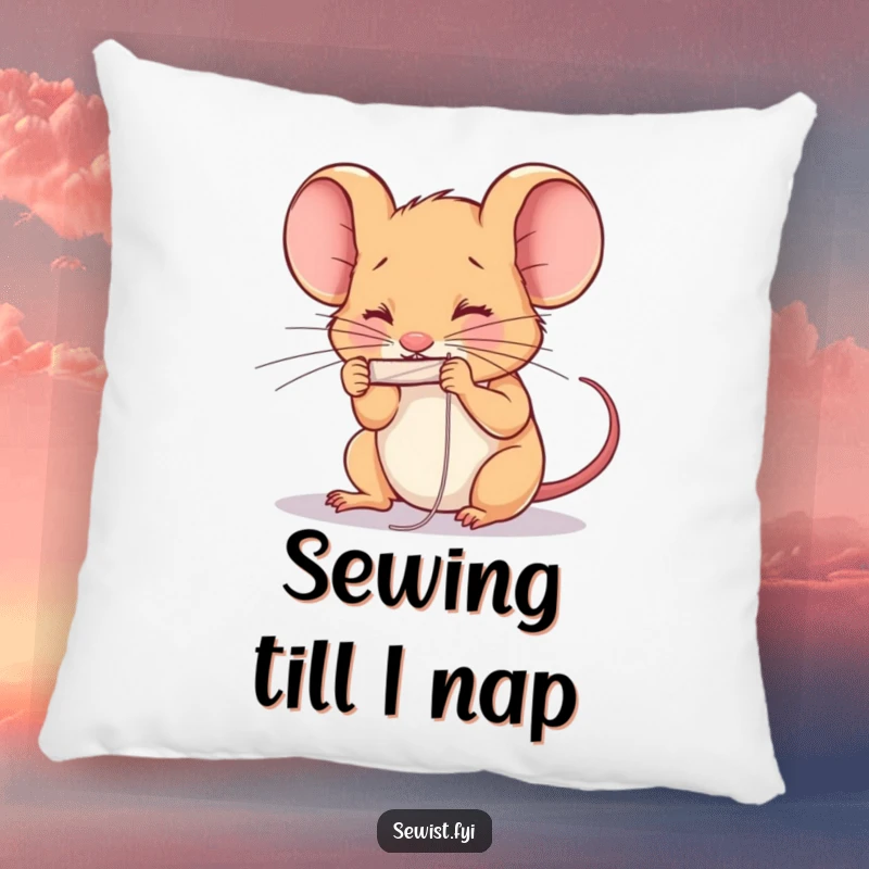 Funny determined mouse threading a needle with intense concentration. Adorable funny pillow.