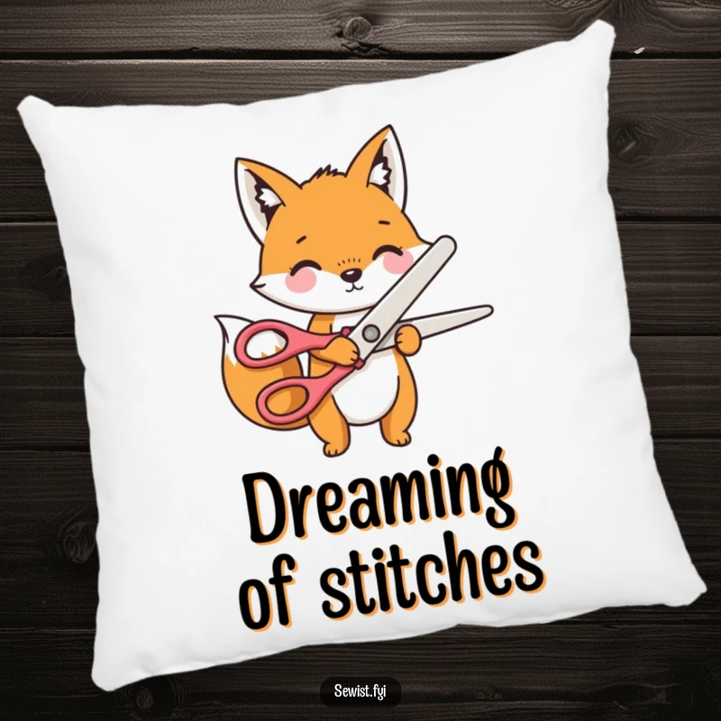 Funny Pillow showcasing a playful fox character using giant novelty scissors to snip fabric, a fun sewing accent.