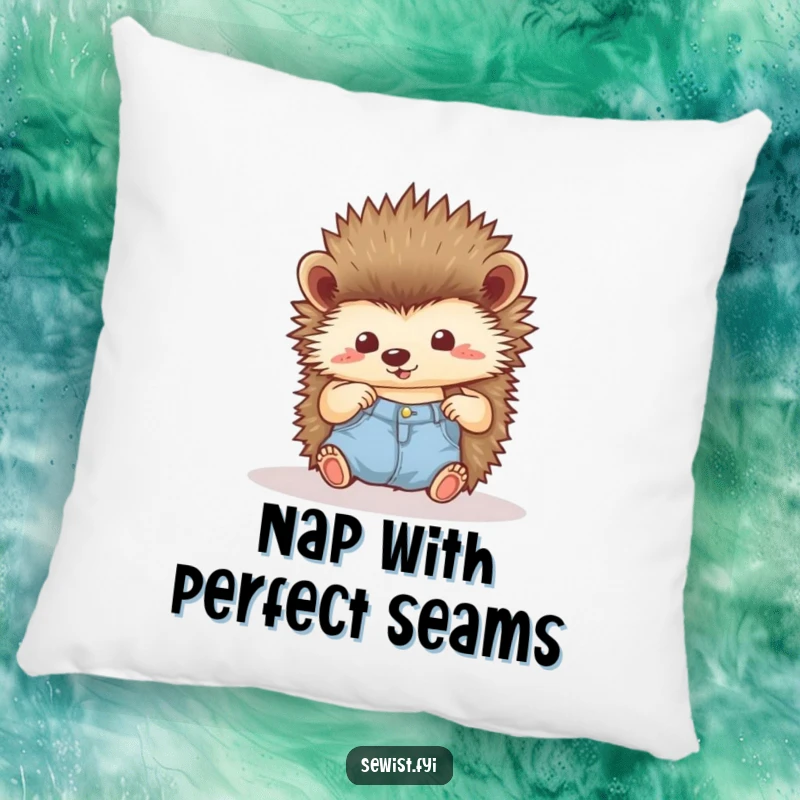 Funny Hedgehog Pillow: A proud hedgehog admiring a perfect seam, providing comfort and humorous pride, a charming gift.