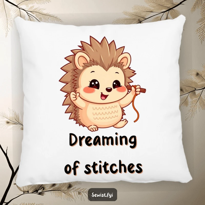 Funny Hedgehog Pillow: A smiling hedgehog character proudly holding up a completed stitch, bringing cute charm and humor.