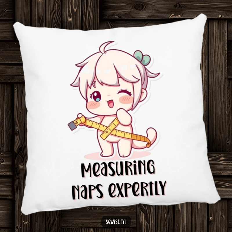 Funny pillow featuring a character playfully stretching a measuring tape, offering comfort and decorative humor.