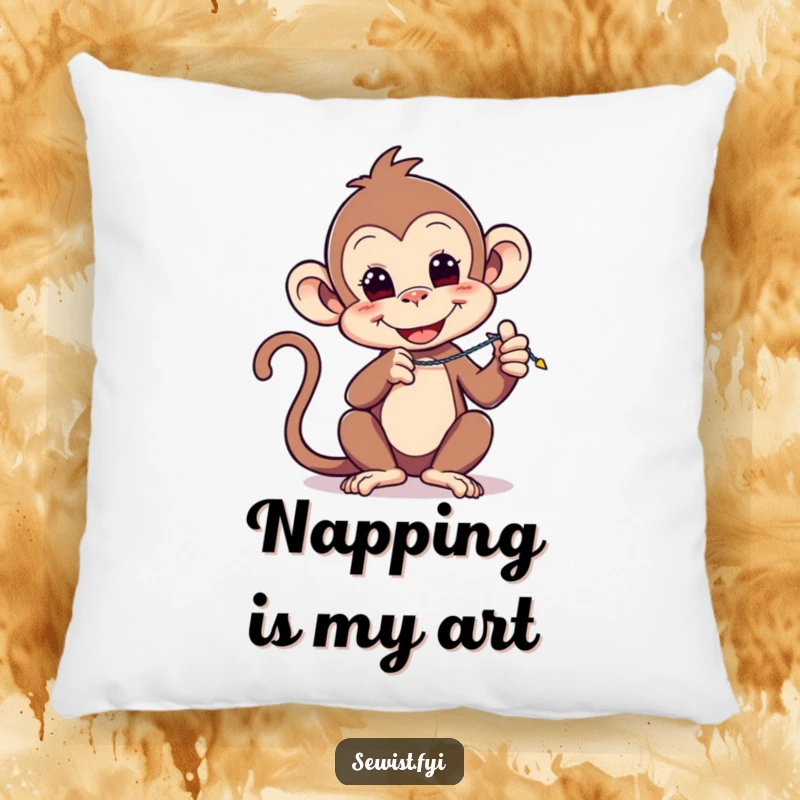 Funny pillow: A playful monkey rests, demonstrating a zigzag stitch, adding a touch of sewing-themed coziness.