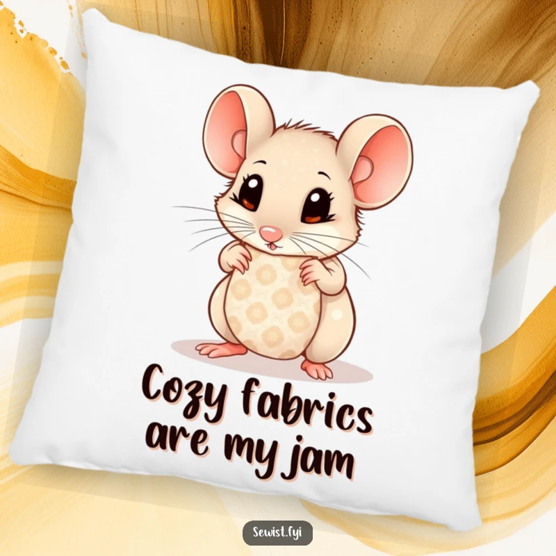 Funny Mouse Pillow: Curious mouse with wide eyes examining patterned fabric, soft accent pillow for comfort and charm.