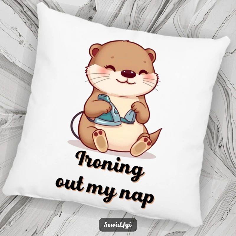 Funny otter ironing pillow, a content creature happily pressing a seam with a tiny iron, providing humorous comfort and decor for crafters.