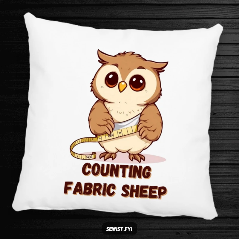 Funny curious owl measures fabric with a tape measure, a soft and humorous pillow for crafters.