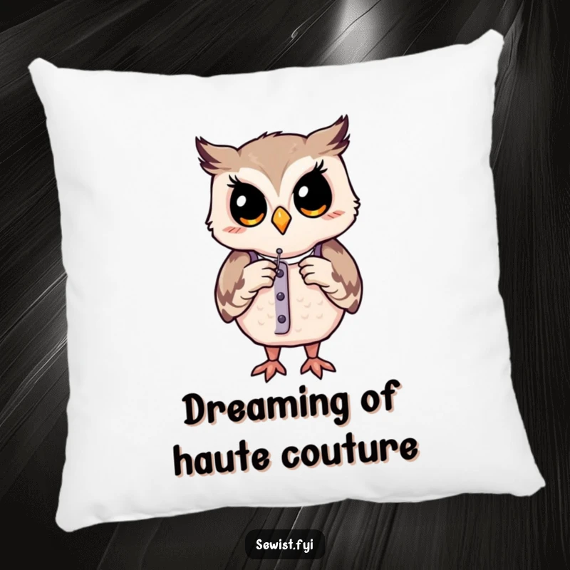 Funny pillow: A contented owl rests near a dress form, needle in paw, adding a touch of sewing serenity.