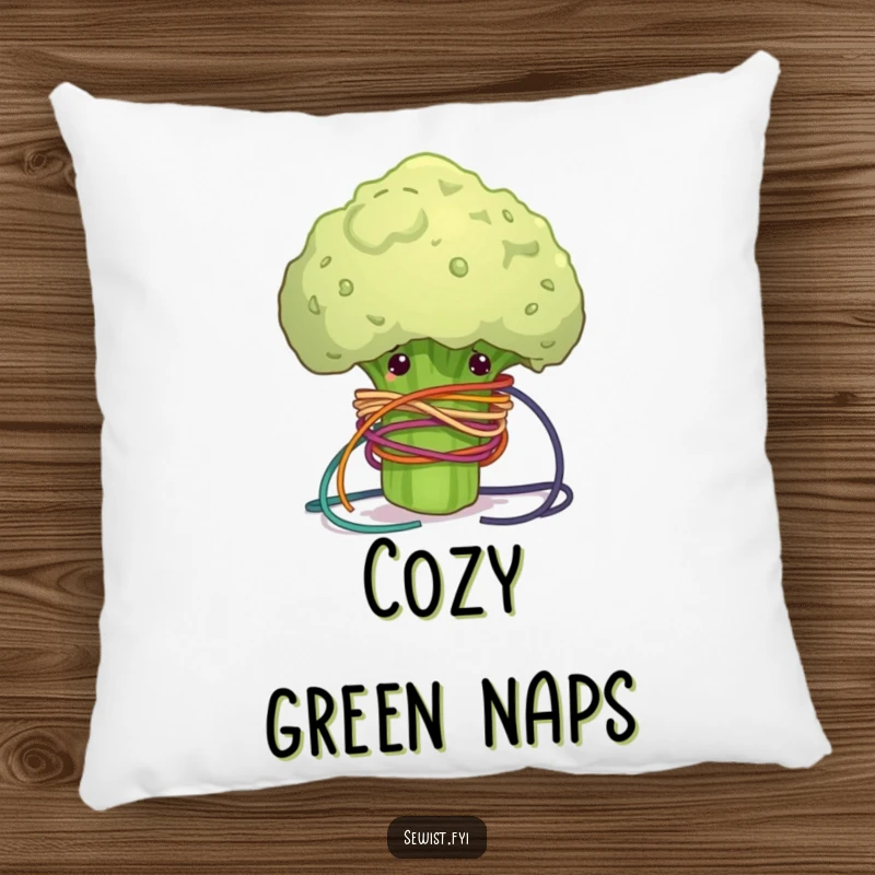 Funny decorative pillow with a clumsy broccoli floret tangled in colorful sewing thread, soft, humorous, and cozy.