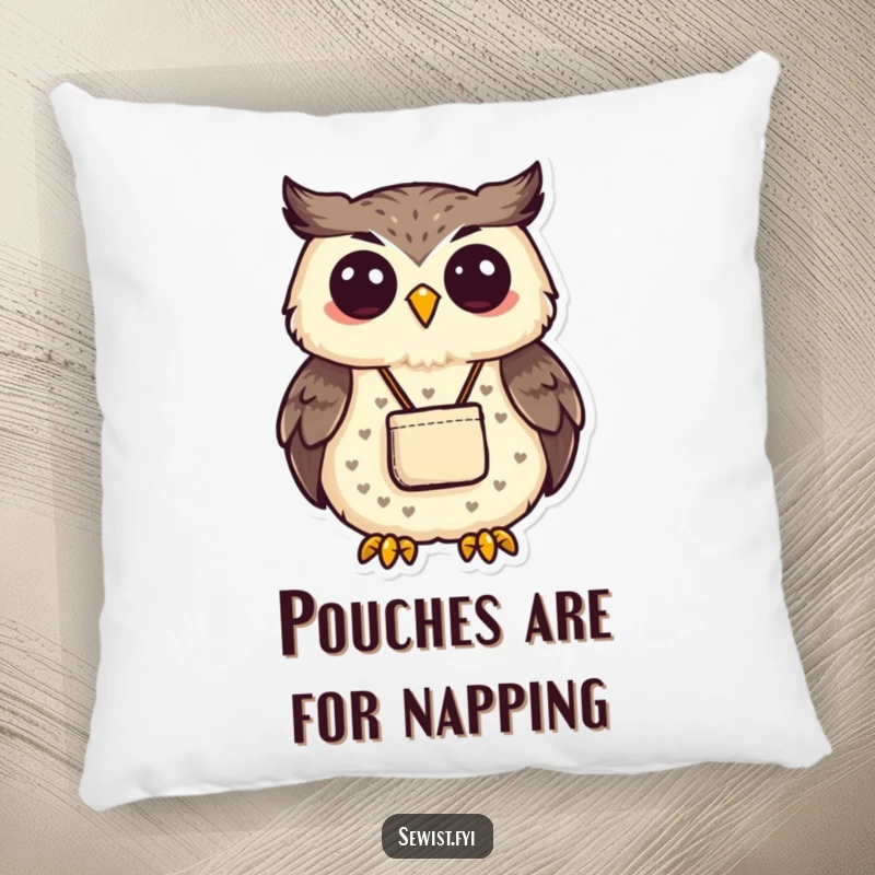 Funny proud owl displaying a small, neatly sewn pouch. Adorable funny pillow.