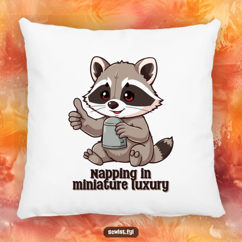 Funny decorative pillow with a mischievous raccoon giving a thumbs-up, holding a thimble, offering comfort and a good chuckle.