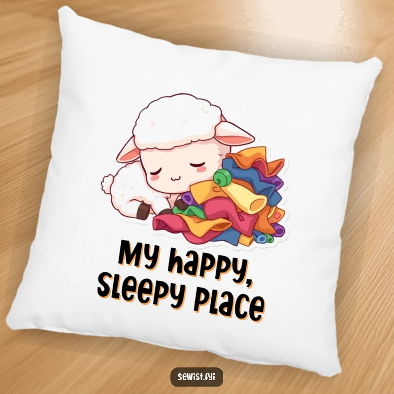 Funny sleepy sheep pillow, a tired creature dozing next to fabric scraps, providing humorous comfort and decor for crafters.