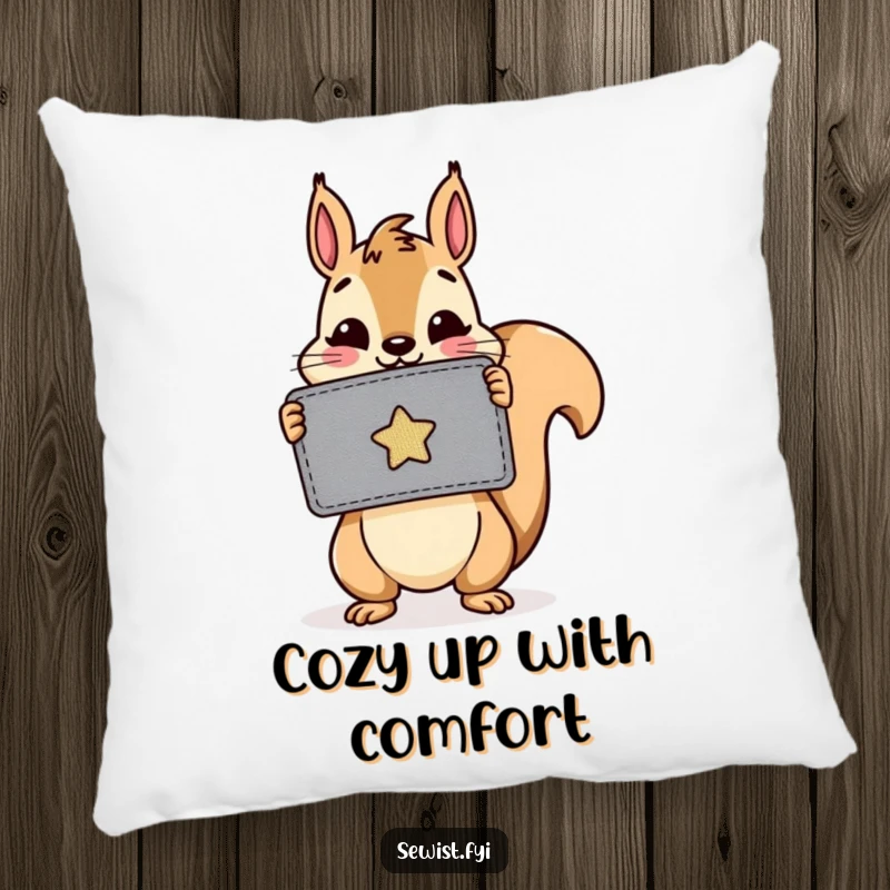 Funny pillow: A cheerful squirrel sits comfortably, proudly displaying a freshly sewn patch, adding a touch of handmade warmth.