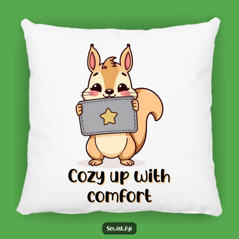 Funny Squirrel Patch Pillow: Cheerful Critter's Sewing Comfort, Cozy Gift